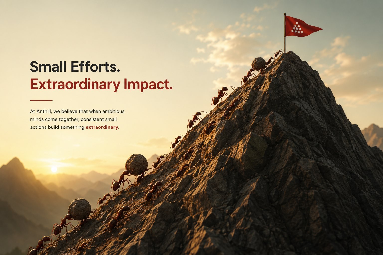 Small efforts, extraordinary impact — a colony of ants carrying stones up a mountain toward the Anthill summit flag at sunrise.